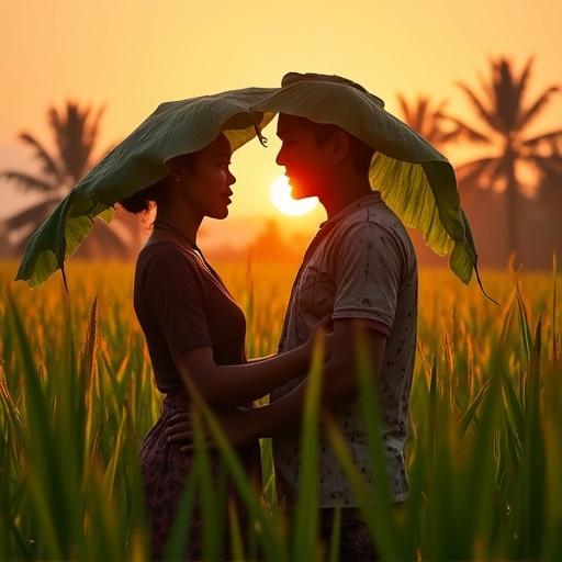 Cinematic photo with a couple in traditional Javanese attire in a rice field during sunset. They shelter under a banana leaf during a drizzle.