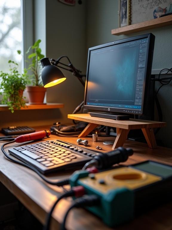 A desktop computer desk is shown. A soldering iron and a multimeter are placed on it. The scene is well-lit by a desk lamp. A window with a plant is also visible in the background.