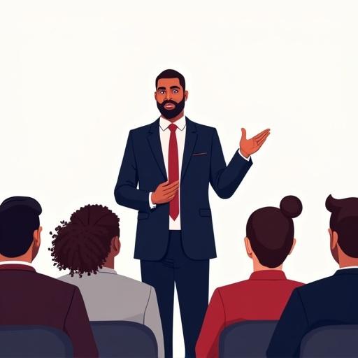 Illustration features an Aboriginal male in business attire standing confidently and addressing a diverse audience. Rich maroons navy blues and pale greys dominate the clothing palette. Audience is composed of people of mixed gender and ethnicity. Setting is professional and engaging with the speaker positioned prominently.