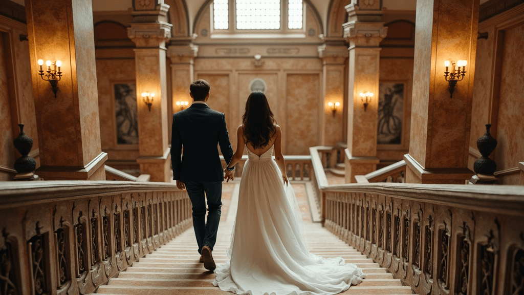 A couple elegantly walks hand-in-hand down a grand staircase in an ornate, warmly-lit building.