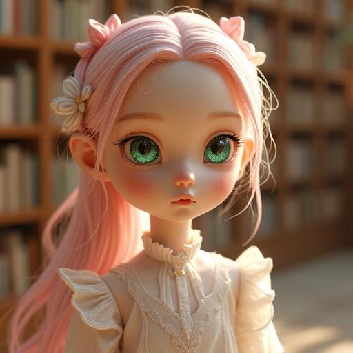 A breathtakingly adorable android girl with emerald green eyes stands in a warm and fantastical library. Her skin has a porcelain texture. Her hair is pale pink optical fibers. She has delicate features and is wearing a semi-translucent robe. The library has pastel-colored books and warm lighting.
