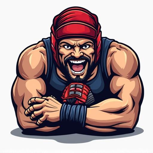 Cartoon illustration of a muscular wrestler. Character wears a wrestling headgear and gloves. Expression is aggressive and confident. Emphasized muscles and athleticism.