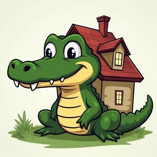 Cartoonish crocodile with house body. Smiling crocodile head sits on body of a house. House has a red roof and windows. Green grass is around the character. Bright colors and playful design.