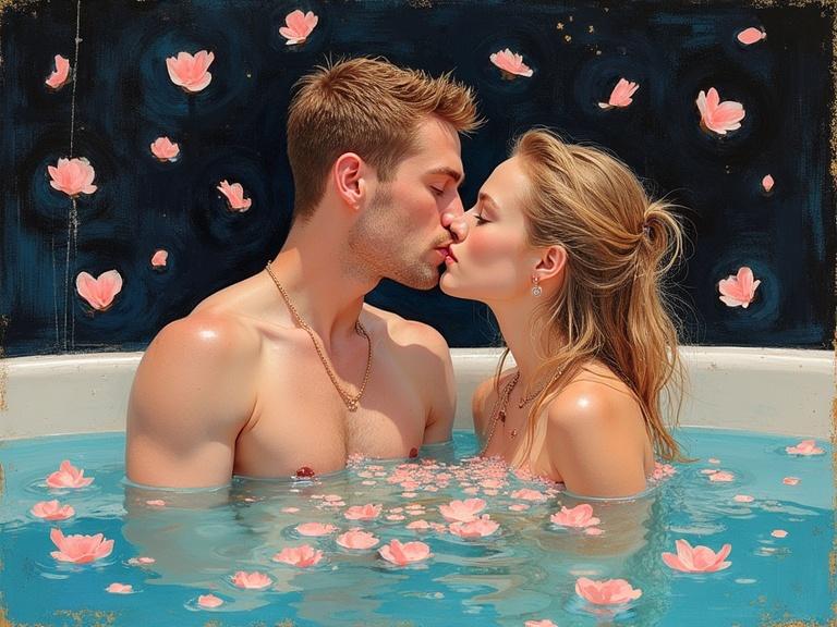 A couple is enjoying a romantic moment in a bathtub filled with water and rose petals. The setting is vibrant with soft warm lighting and deep colors. The atmosphere is intimate and cozy.