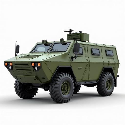 Tigr AMN vehicle parked. Vehicle has blocky shapes with clean edges. Vehicle features simple colors with a focus on green and black. Design includes rivets and distinct panels giving a rugged military look.