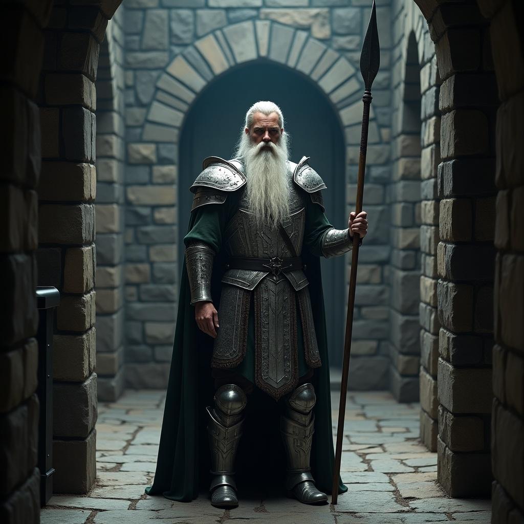 A powerful warrior stands dressed in silver armor with intricate patterns. He holds a long spear. The setting is inside a dimly lit prison with a rough stone floor and an old iron door. The scene conveys majesty and strength.