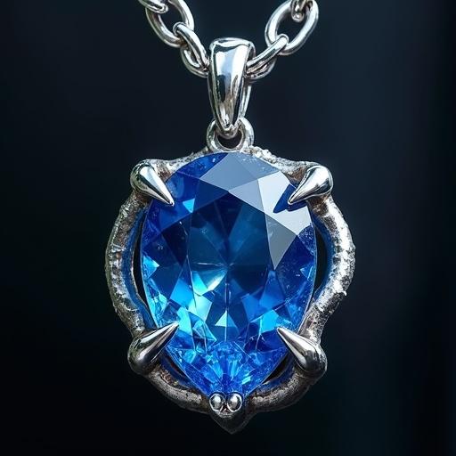 A blue gem is displayed on a silver chain. Silver talons are wrapped around the gem.