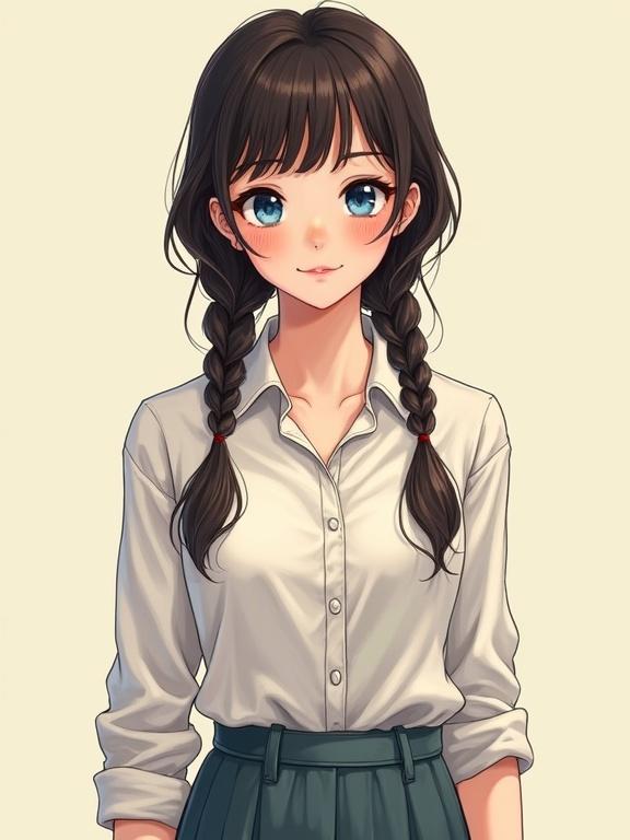 A full-body portrait of a teenage girl. She has long dark brown hair with two braids. The girl wears a button-up blouse and a long skirt. The setting is trendy.