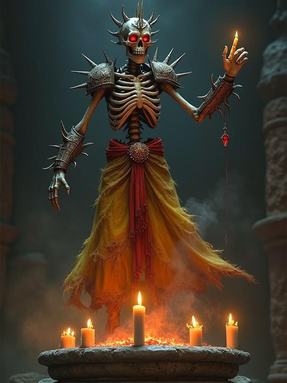 Floating lich skeleton above stone pedestal. Dimly glowing red eyes. Spiked crown and shoulder plates. Long dirty yellow skirt. Red gemmed pendant. Arm reaching pointing to spell.