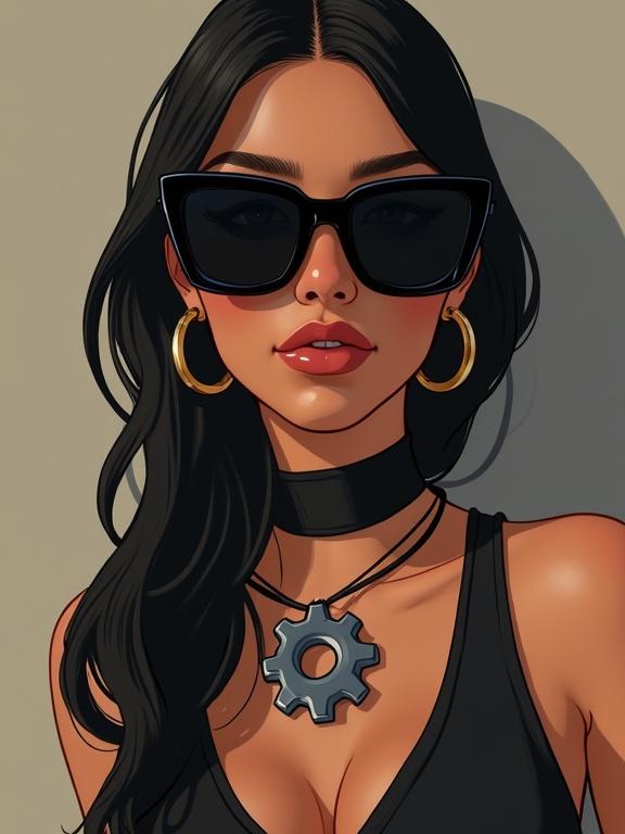Woman with long dark hair wearing oversized sunglasses and a gear necklace. She has a sleek style with minimal features and delicate shading.