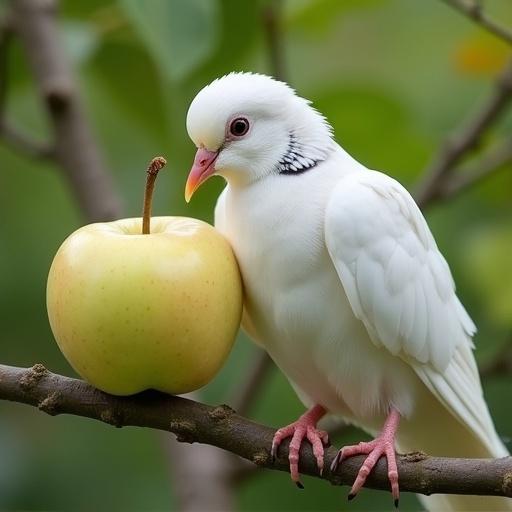 White dove perched on a branch near a green apple. Bird has white feathers and subtle markings. Natural and realistic setting with soft lighting.