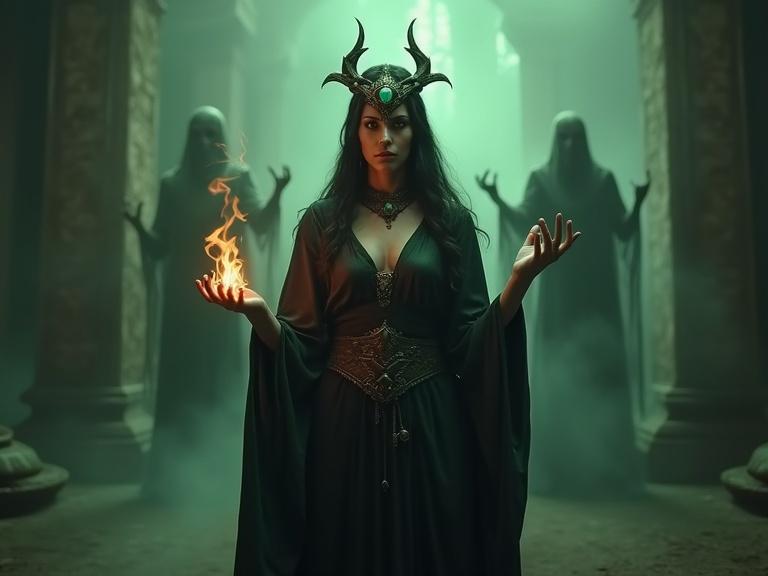 A powerful sorceress stands in a mystical setting with shadows and ethereal light. She wears dark garments and an ornate headdress with a jewel. One hand holds a flickering flame while the other gestures authoritatively. Ghostly figures loom behind her in the mist, creating a supernatural atmosphere.