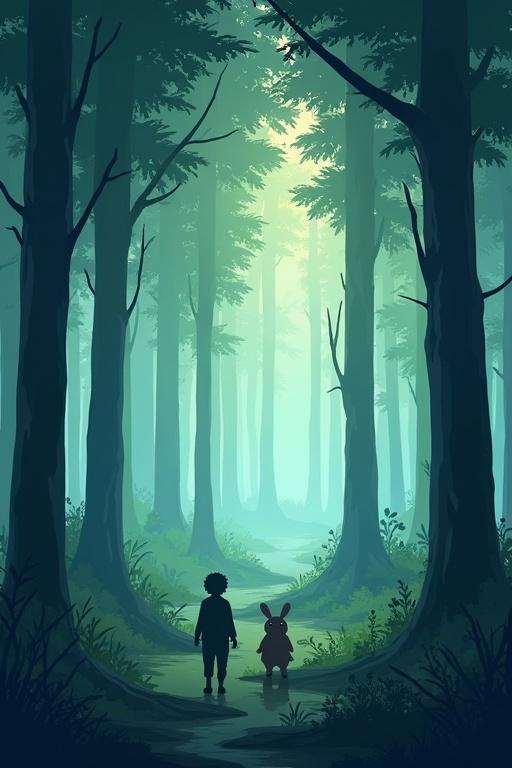 Misty forest scene with a child and a rabbit. Background features tall trees with a soft light. Ideal for mobile wallpaper.