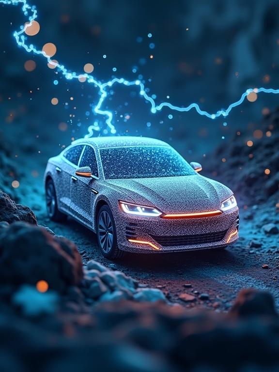 An illuminated car model on a textured surface with blue lightning effects. Sparkling elements enhance the electric theme. Designed for a book cover about electricity in the automotive sector.