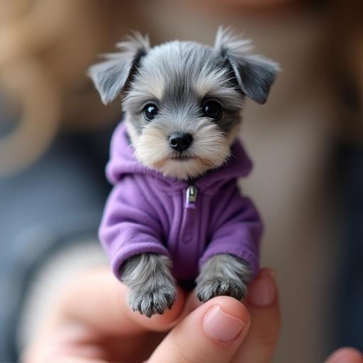 Tiny gray schnauzer puppy with big smile on person fingertip. Wearing purple hoodie. Sitting comfortably on two paws. The puppy has a small bone toy. Face shows cheerful expression. Looks very tender and adorable.