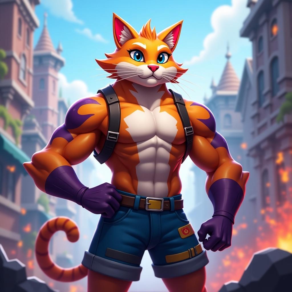 Cartoonish anthropomorphic cat with muscular build. Orange and purple fur with blue shorts. Strong pose, background cityscape with fantasy elements. Bright and colorful.