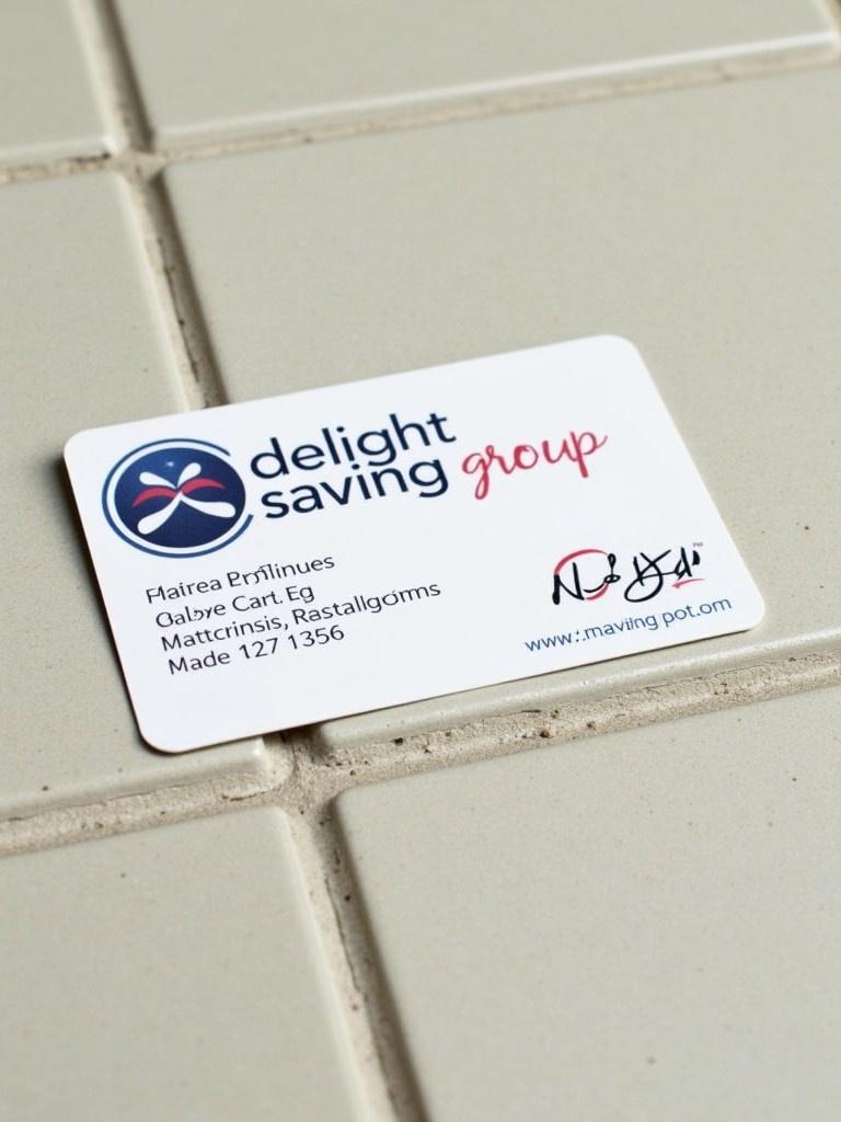 Membership identification card of Delight Saving Group laid on a tiled surface. The card has visible name and code elements. It has a prominent logo and design. The orientation is horizontal.