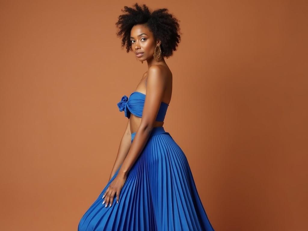 A person with long dark hair wearing a blue strapless top and flowing skirt poses gracefully against an orange background.