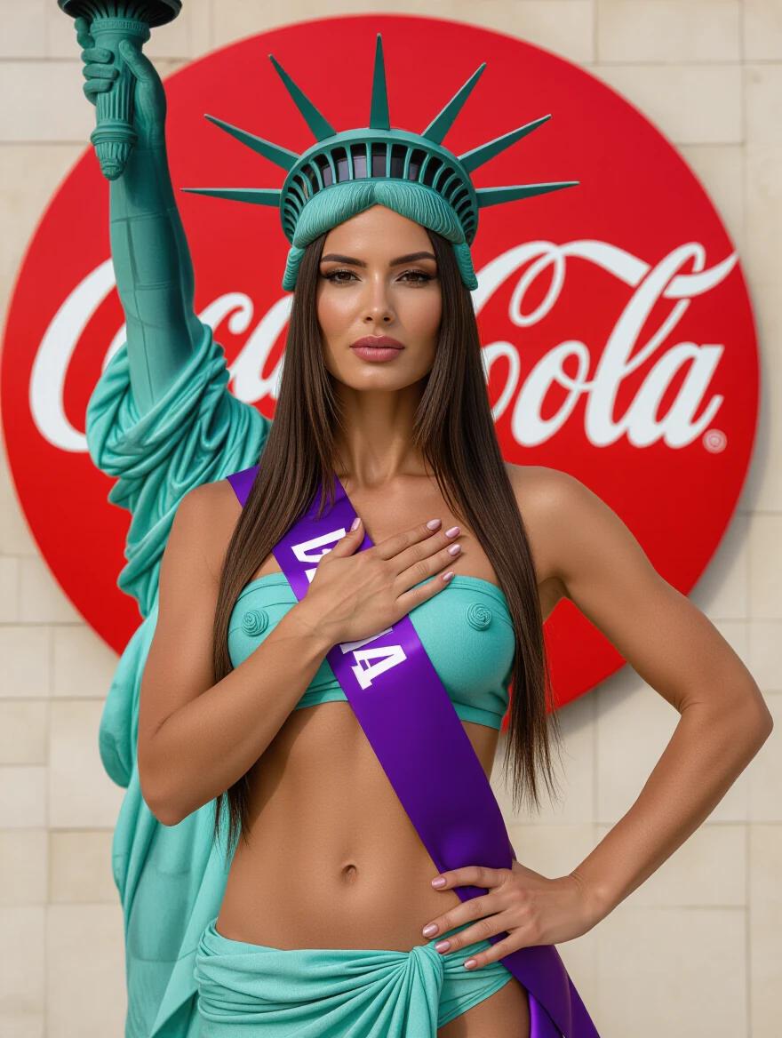 Photograph of a woman embodying the Statue of Liberty. She wears a purple sash and a replica crown. Skin tone is light brown. She has serious expression with long dark hair. Right arm crosses her chest, left hand on hip. Coca-Cola logo in the background. The image is a medium close-up shot.