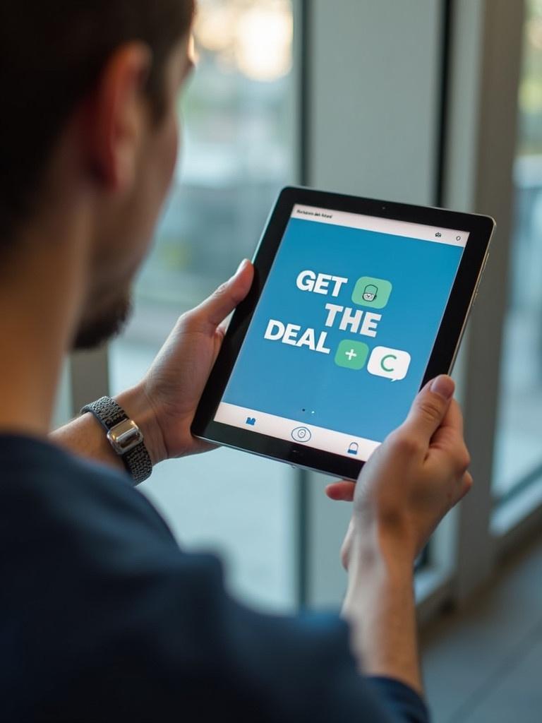 A person holds a tablet displaying the words GET THE DEAL. Background includes glass windows. Soft natural lighting. The tablet screen is blue with green text.