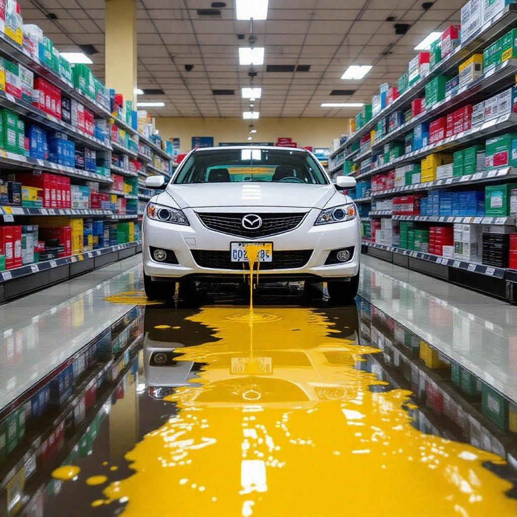 CCTV shot depicting a 2005 Mazda 6 leaking yellow coolant in a supermarket aisle. Bright colors and vibrant products displayed on shelves.
