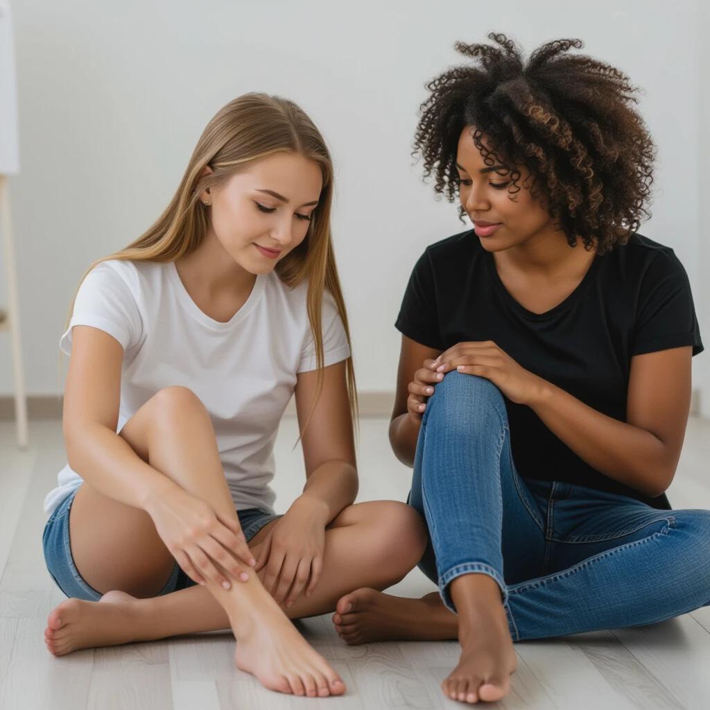 Two women seated on a wooden floor. One woman is wearing a white shirt and shorts while the other is wearing a black shirt and blue jeans. They are seated close together in a casual indoor environment.