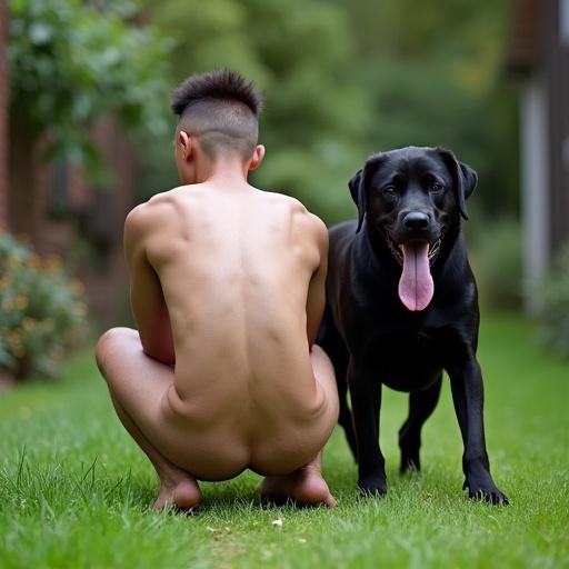 In a small garden a young man kneels on green lawn. He has a Mohawk hairstyle and is seen from behind. A black male Labrador stands next to him with his tongue out.
