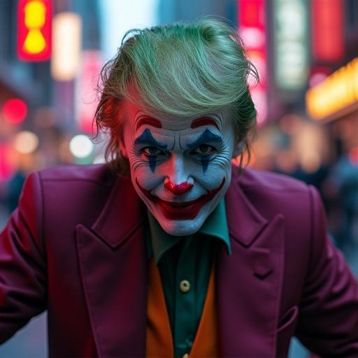 A character resembling a joker with bright green hair and vivid makeup. Urban background filled with neon lights. Dramatic expression on the face. Stylish outfit in vibrant colors.