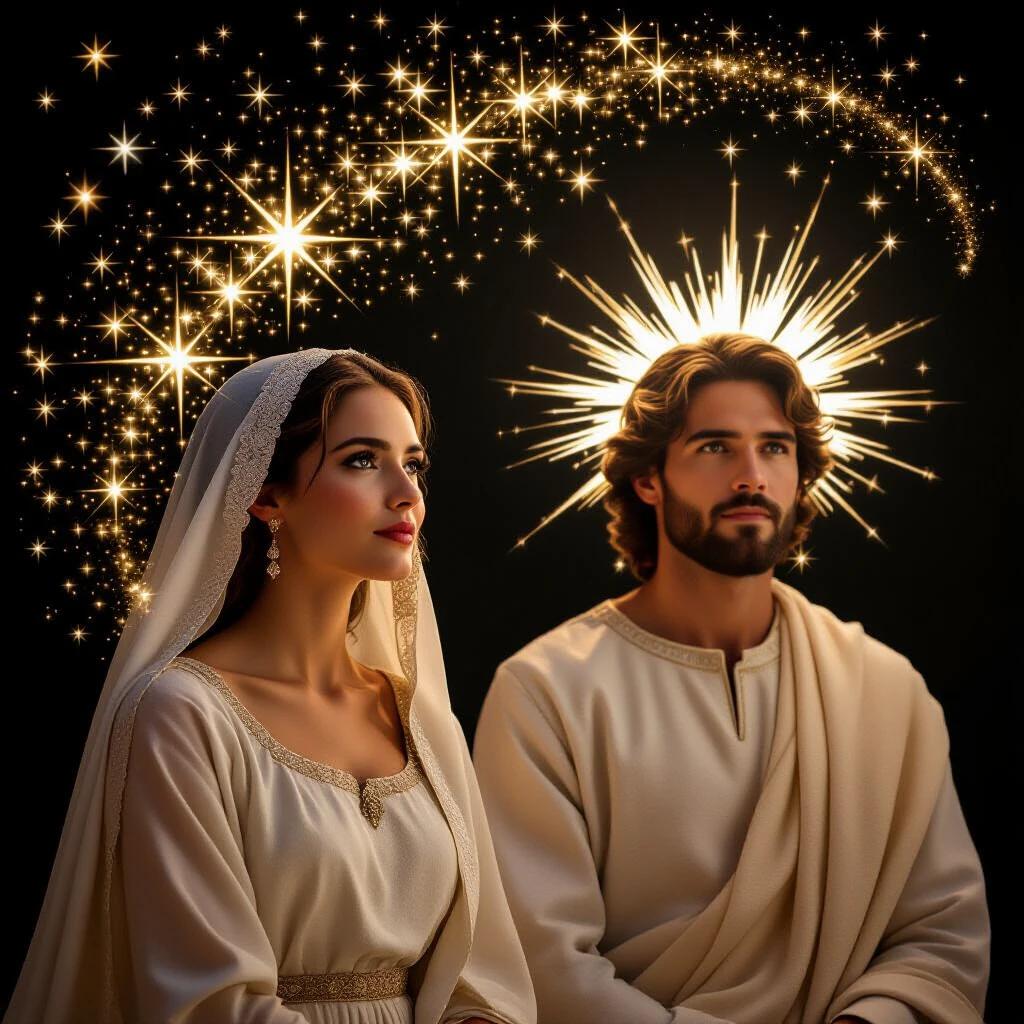 A woman in simple clothing wears a glowing veil that turns into constellations above her head. A man beside her wears white garments. His silhouette shines representing divine glory. Realistic and cinematic style.