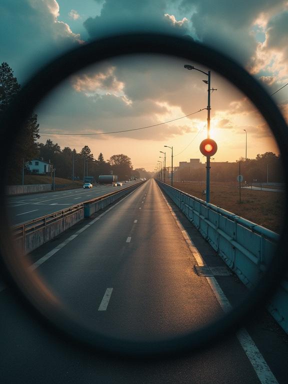POV view of a highway with a blind spot effect from circular lens. Sunset in the background. Road with light traffic.