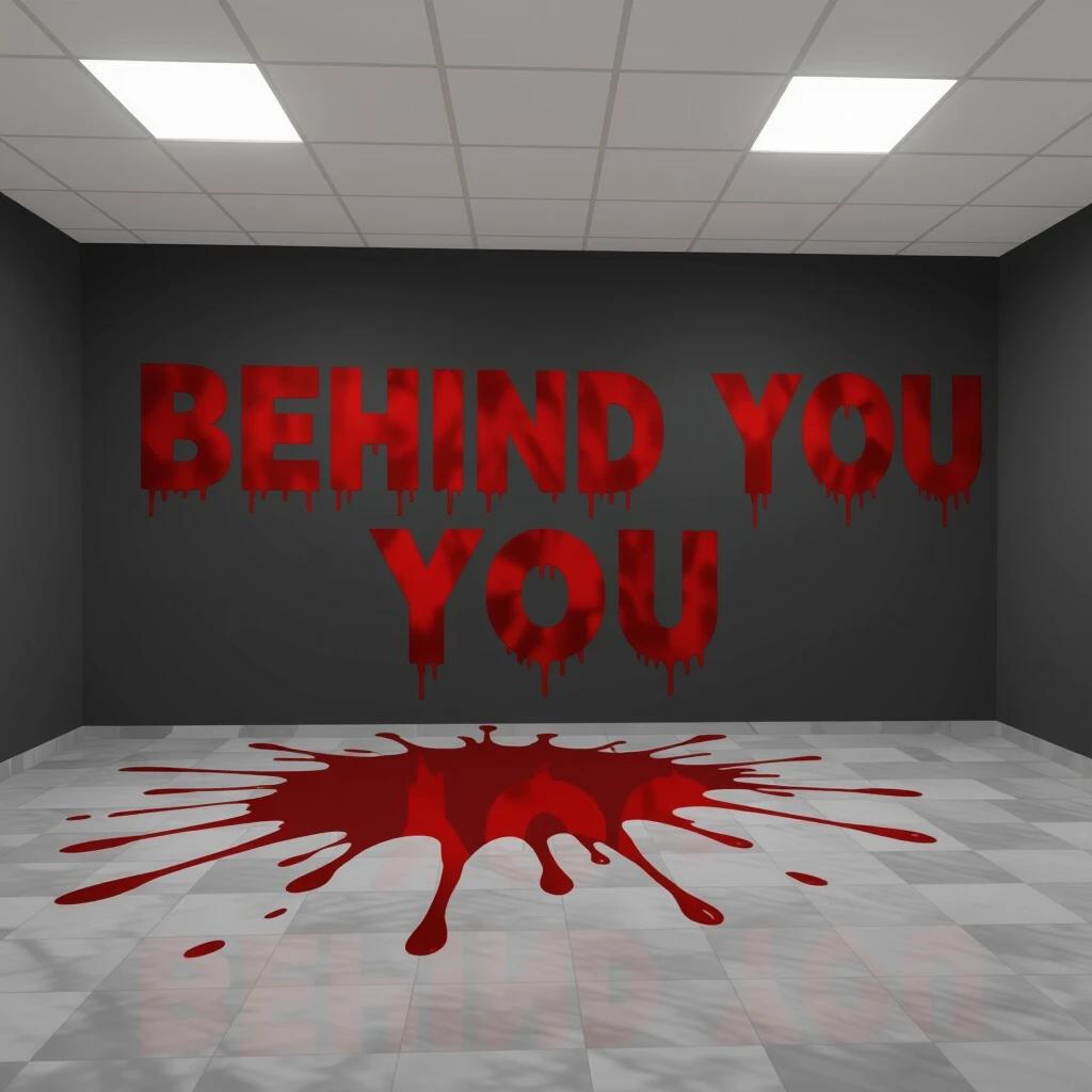 A dark grey room has blood-red writing on the wall that states 'BEHIND YOU' with blood drips. A large blood splatter is on the floor. The scene is set in a Roblox style.