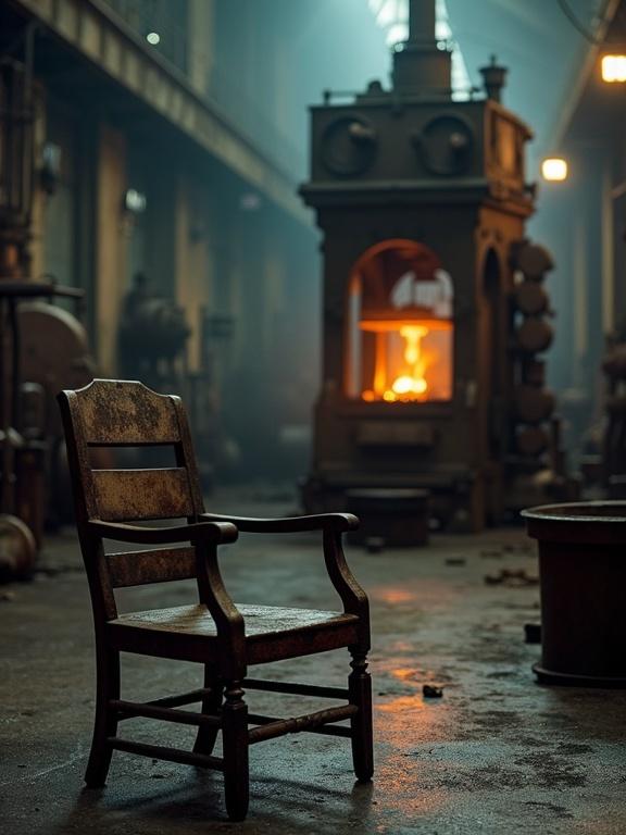 Industrial environment features an old chair in the foreground. Background shows a huge, overcomplicated steam press working with dim light. Dust and rust decorate the scene, creating an oily, greasy feel.