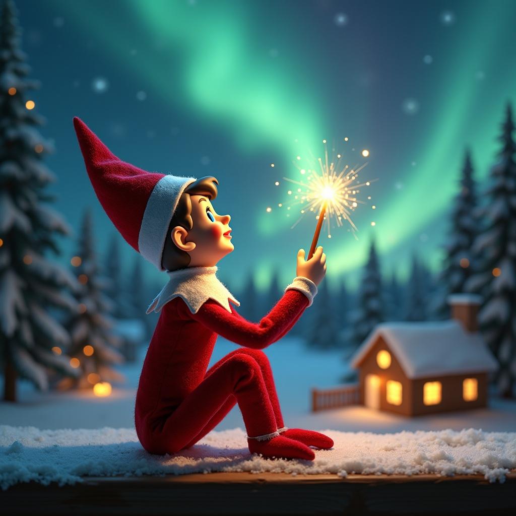 Elf gazes at northern lights with a glowing wand. Christmas background with cozy house. Snow covered ground. Playful and magical atmosphere.