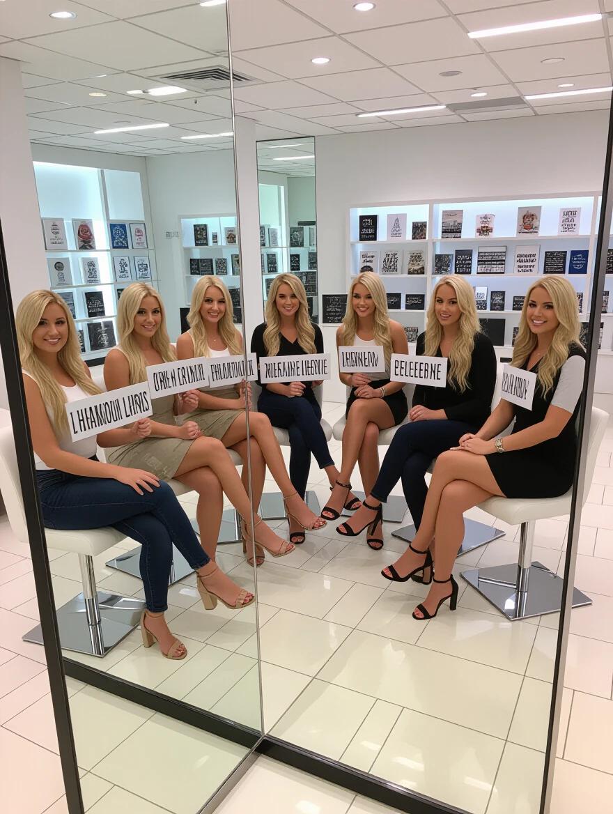 Blonde women sitting together holding signs. They are arranged in a reflective space. All wear stylish outfits. The background features a well-lit modern setting. They all have long hair and wear high heels. Mirrors reflect their image. The signs are placed on their knees.