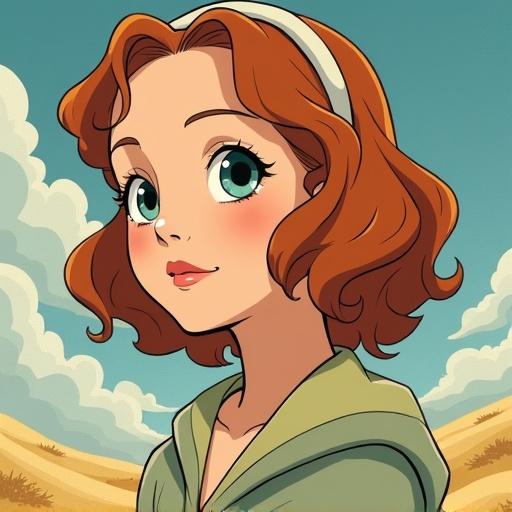 Character with curly brown hair and big blue eyes. Wearing a green top. Background features a blue sky with clouds and a sandy landscape. Charming and whimsical feel.