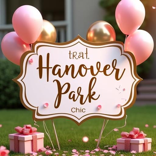 Yard sign designed for a birthday celebration with vibrant colors. Includes pink, gold, and silver elements. Features the text 'Dat Hanover Park Chic' in bold elegant lettering. Surrounds with balloons, confetti, gifts, and ribbons.