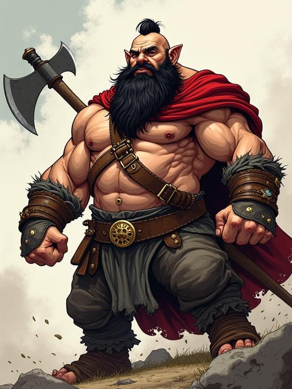 Digital hand-drawing illustration of a muscular dwarf with a beard holding an axe. Cinematic composition with high contrast. Focus on detailed skin and fabric. Bold outlines and superhero pose.