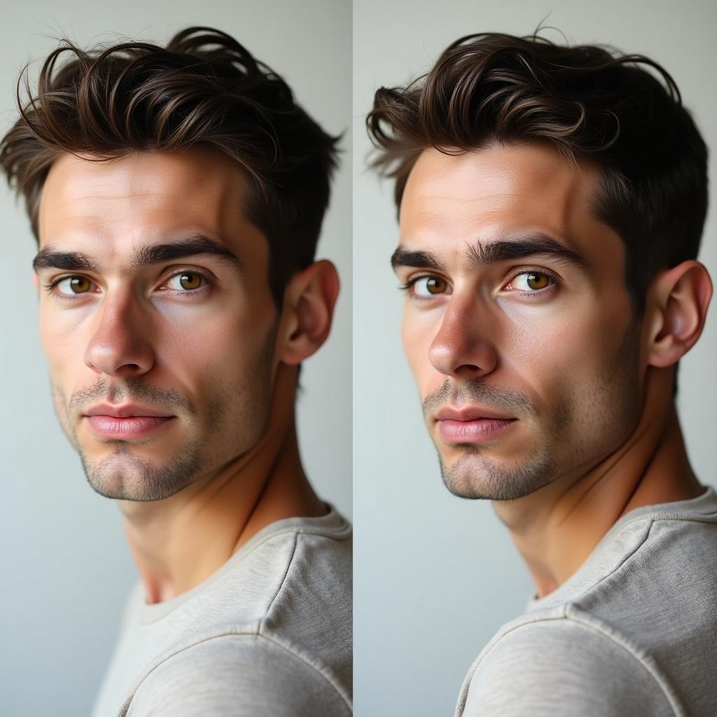 Male figure in side and front views. Hair styled with a neutral expression. Same pose in two perspectives.