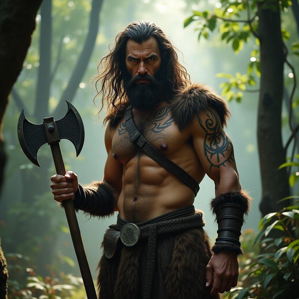 A strong male barbarian stands in a forest. He has a muscular build, long hair, and a beard. He holds an axe and wears tribal clothing. The atmosphere is mystical with sunlight filtering through the trees.