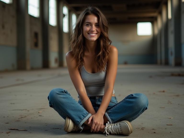 A young woman smiles while sitting cross-legged on the floor of an abandoned factory. She wears a grey tank top and jeans. The lighting is soft and warm. The background shows an empty space with concrete and windows.