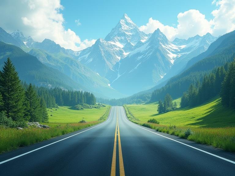 Breathtaking mountain landscape. Green valley scenery. Straight highway with two lanes. Two splitting exits on the sides. Effect of speed.