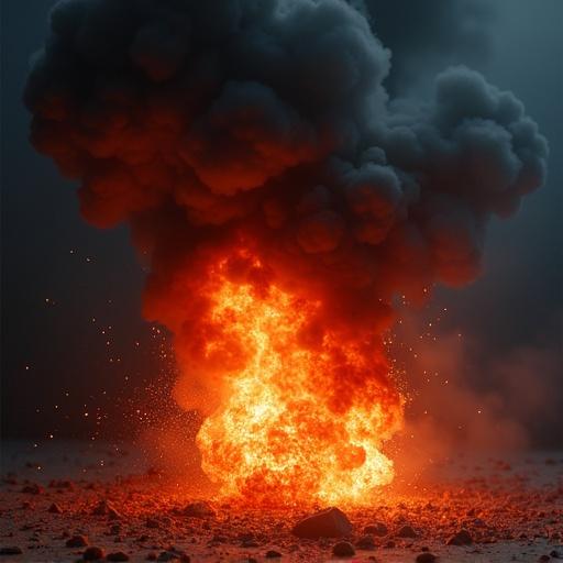 A small intense explosion captured at detonation. Reddish flames burst outward in a compact fireball. Surrounded by thick dark black smoke. The explosion is fiery and localized. Red tones blend with orange and crimson. Casting a glow on nearby surfaces. Dense plumes of black smoke rise into the air. Sparks and small embers scatter. Environment is dark or neutral. Emphasizing glow of flames. Contrast of smoke. Fantasy or cinematic style. Highly detailed and dramatic lighting.