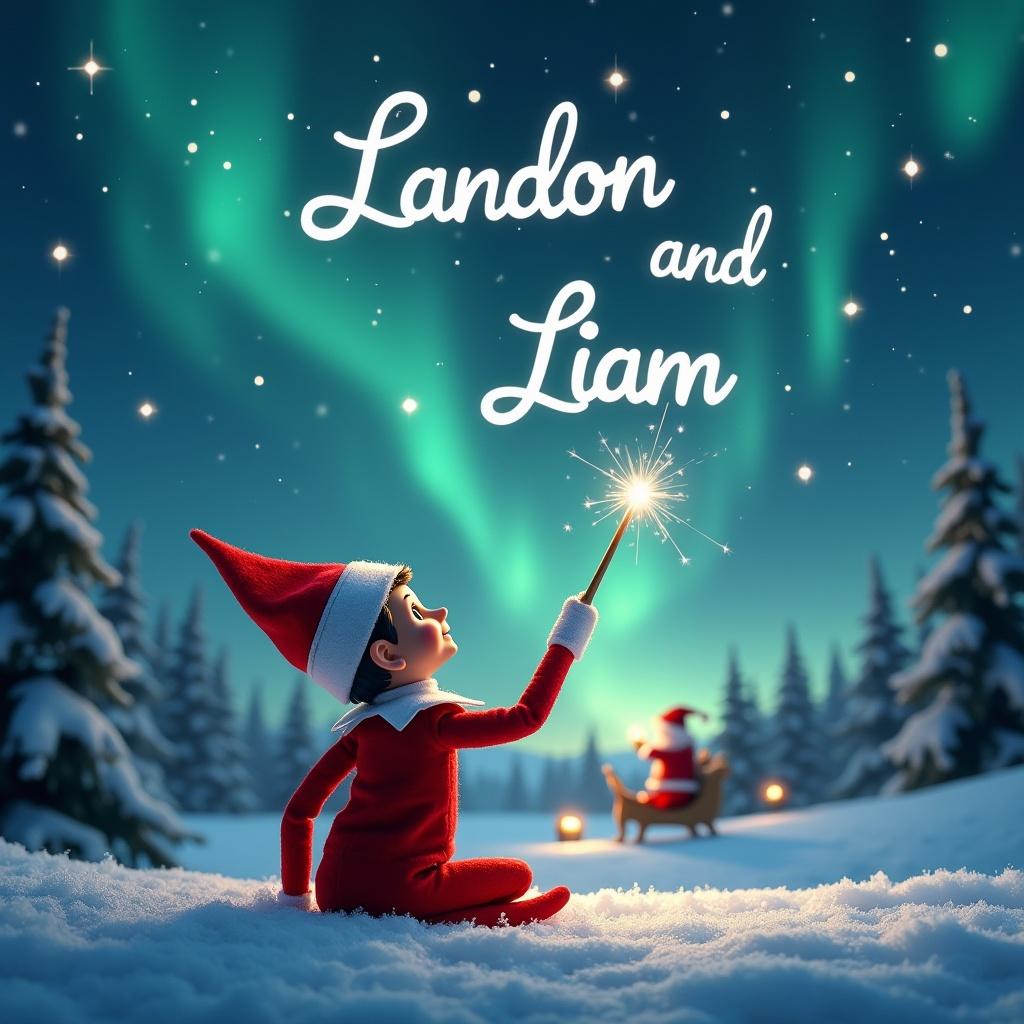 Enchanting Christmas scene with an elf on the shelf. Elf gazes upward. Wand writes names in the night sky. Stunning northern lights in the background. Santa Claus in the distance. Snow blankets the ground.