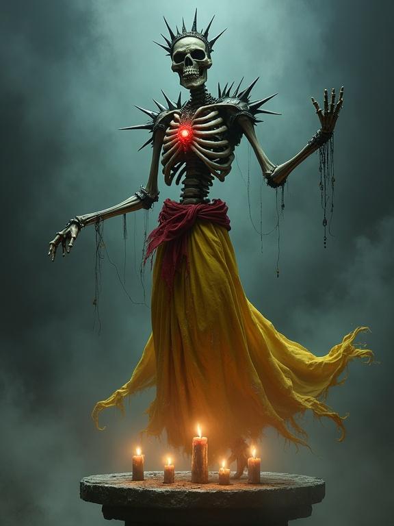 A highly detailed realistic depiction of a floating skeletal lich above a stone pedestal surrounded by candles. The lich has a spired crown, spiked shoulder plates, exposed ribs, and wears a dirty tattered yellow skirt with a red sash. A glowing red gem pendant hangs around its neck, and the right arm is reaching forward casting a spell. The background features eerie swirling mist.