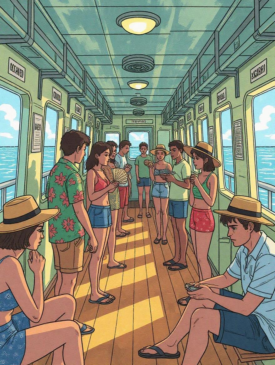 A narrow brightly lit corridor on a tropical ferry. Several passengers near bathroom doors marked occupied. The air is hot, ceiling fans spin lazily. People look impatient; fanning themselves and checking phones. Some wear light summer clothing and hats. The mood is humid, charged with discomfort. Drawn in a semi-realistic American comic style with full color, focused on details and atmosphere.