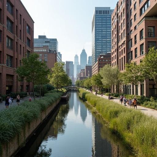 Scenic view along the High Line in New York City. Features a canal lined with trees and modern buildings. Daylight highlights the vibrant surroundings.