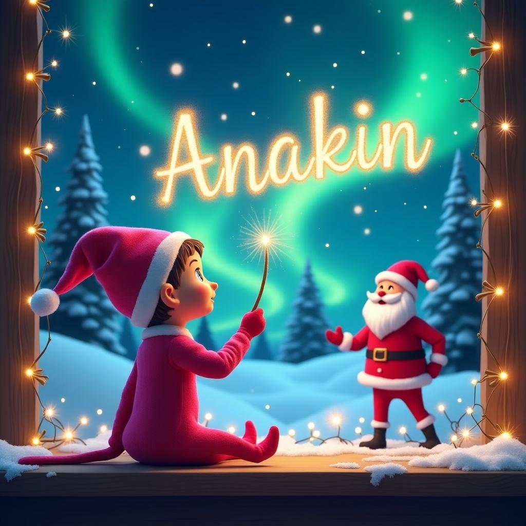 The image showcases a whimsical Christmas scene featuring a pink elf sitting in a cozy window. The elf is using a wand to write the name 'Anakin' in sparkling letters against a beautifully lit night sky. In the enchanting background, the northern lights shimmer over a snowy landscape. Nearby, Santa Claus stands cheerfully, enhancing the festive mood. Twinkling lights frame the scene, creating a warm, holiday atmosphere.