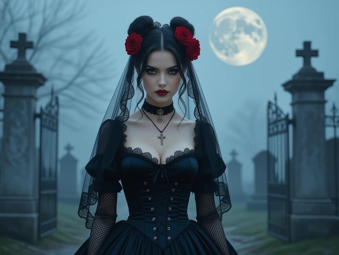Cinematic scene of gothic woman in foggy cemetery at dusk. Large full moon in background. Soft diffused lighting for moody atmosphere. Woman has dark hair in high buns. Red roses in hair. Black lace veil over shoulders. Black corset dress with lace trim. Plunging neckline and layered ruffled skirt. Fishnet stockings visible. Choker with cross pendant. Multiple layered necklaces. Background with wrought-iron gates and tombstones.