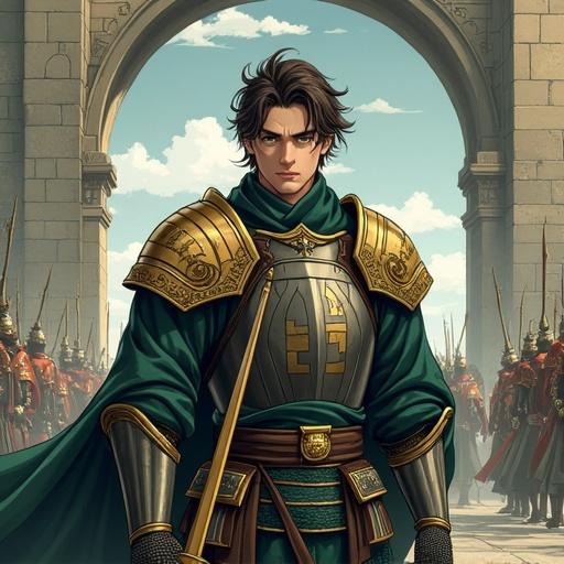 A man with short brown hair and green eyes wears black knight armor. Brown belt around his waist. Holds a yellow sword in each hand. The style is Japanese anime. An army of soldiers is behind. A dragon appears in the background. There is a single stone circular magical portal in the background.
