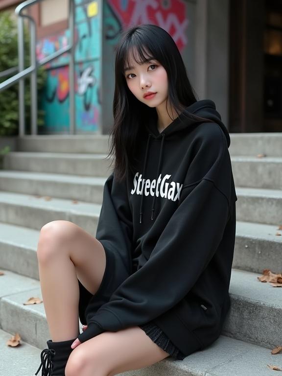 Full-body photo of an East Asian girl with black hair sitting on concrete steps. She wears a black oversized hoodie with bold white print. The background includes graffiti walls and urban textures. Natural light highlights her features and clothing textures. She poses confidently with a relaxed demeanor.